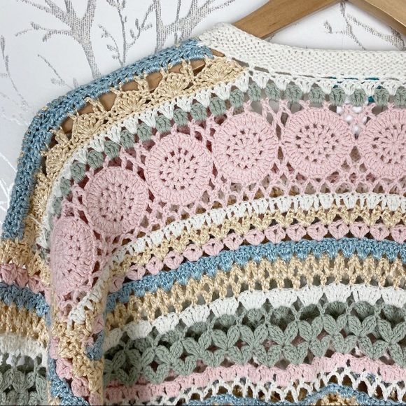 VINTAGE Cottage Crochet Open Knit Linen Blend Sweater Medium Spring Pastel - Picture 4 of 13